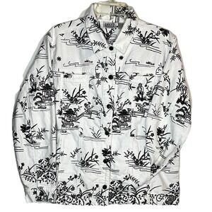 Vintage Chicos Design Jacket‎ Women Size 2 Asian Motif Black Embroidered White